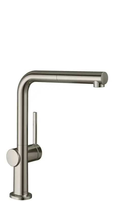 Edelstahl Küchenmischer mit einziehbarem Auslauf von Hansgrohe. Der Hebel für die Temperatureinstellung befindet sich an der Seite des Körpers. Design mit klaren Linien.